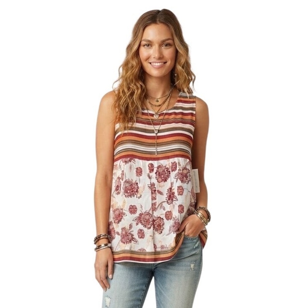 Anthropologie One Fine Day Tunic Top Multicolor Floral Stripes Boho Shirt Medium